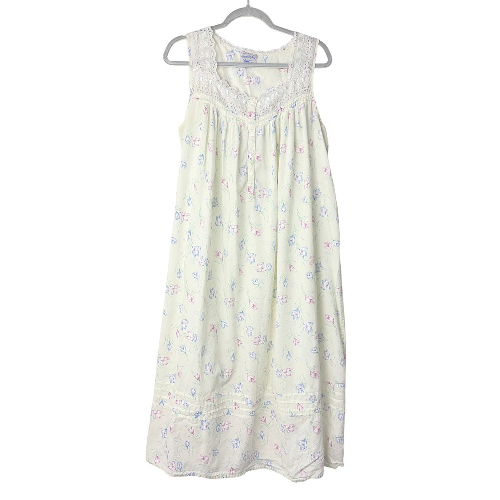 Lanz of Salzburg Womens Floral Lace Trim Nightgown‎ Sleeveless Pastel White M